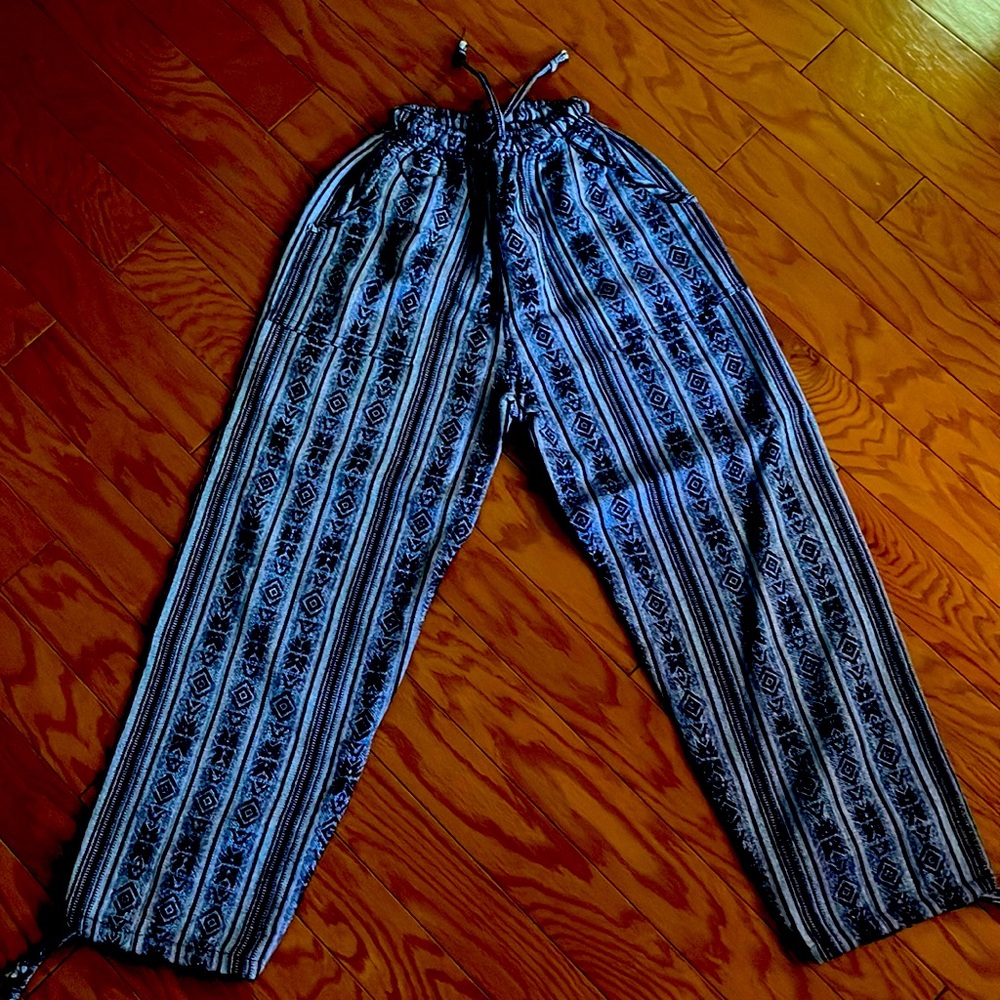 Ecuador Pants from Otavalo market. Shades of blue, stretchy waistband.